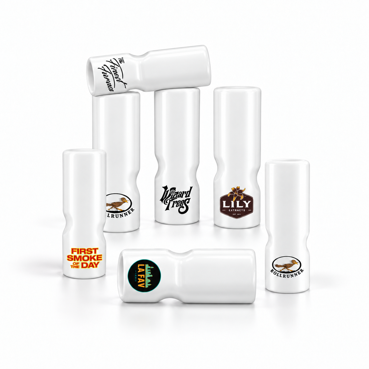 White Standard Round glass filter tips featuring custom printed logos and a 2-pinch design for consistent airflow.