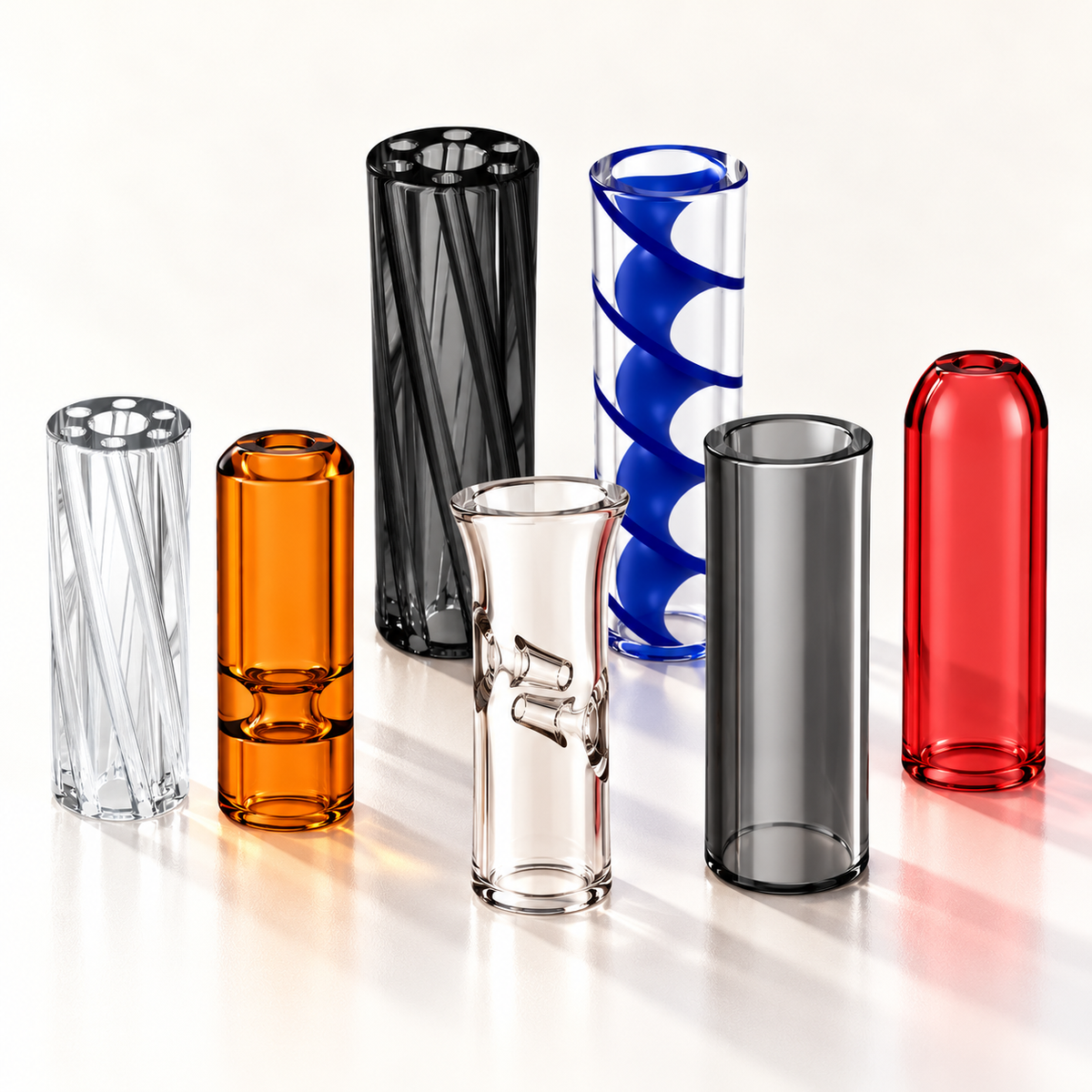 Assorted RollRunner unbranded filter tips in a variety of glass, wood, and Rollie styles.   Copy