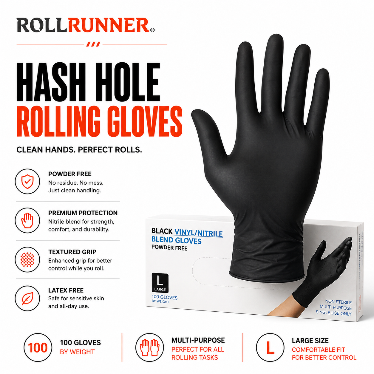 Hash Hole Rolling Gloves - Black (100 ct)