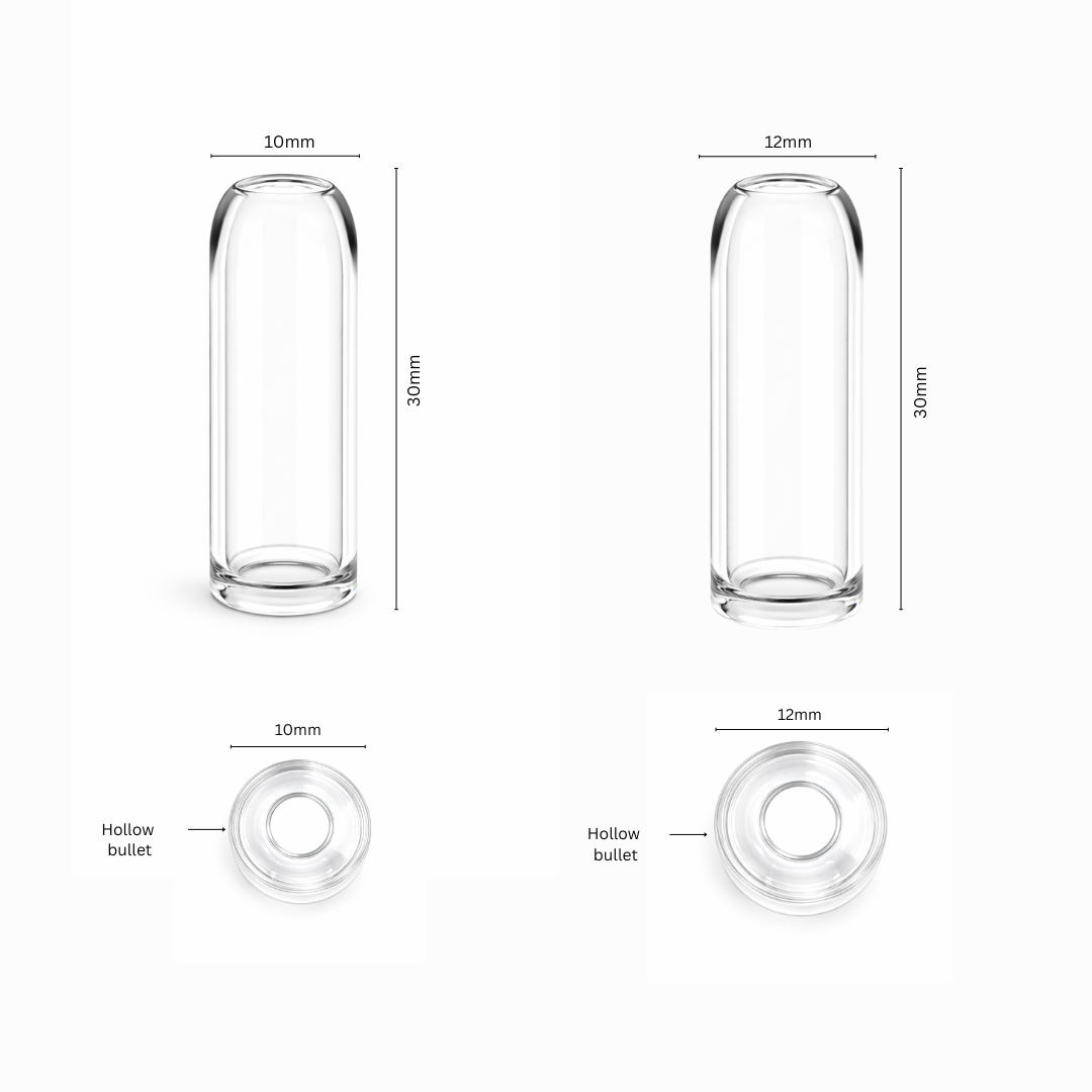 Technical diagram of clear Hollow Bullet glass filter tips showing dimensions, rounded mouthpiece, and hollow airflow channel.