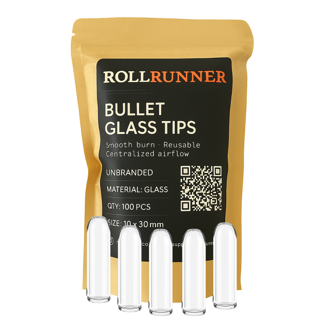 RollRunner Hollow Bullet clear glass filter tips, unbranded 100-pack with retail packaging.