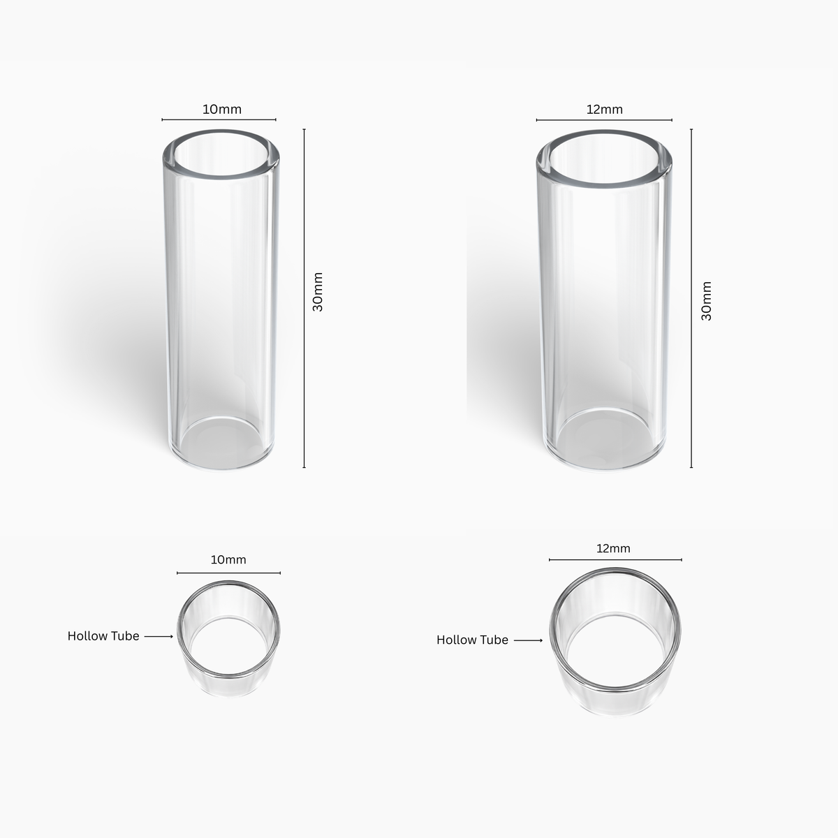 Technical diagram of clear Hollow Tube glass filter tips showing 12 mm × 30 mm dimensions and open airflow channel.