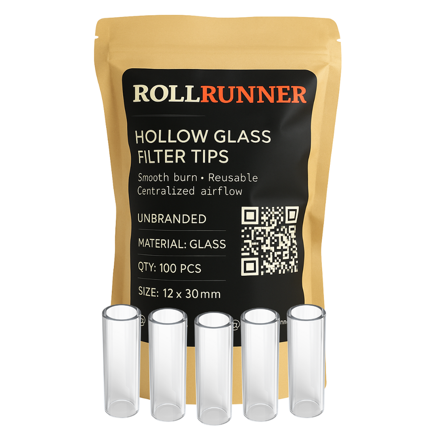 RollRunner Hollow Tube clear glass filter tips, unbranded 100-pack with retail packaging.
