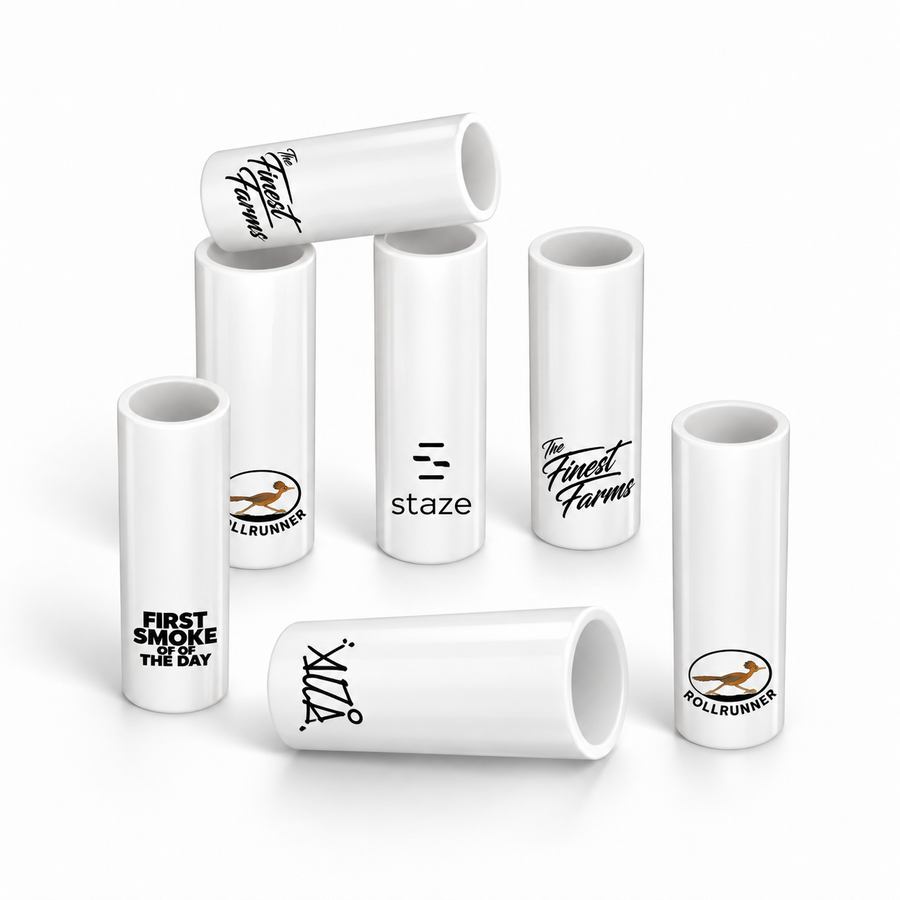White Hollow Tube glass filter tips featuring custom printed logos and a fully open interior for unobstructed airflow.