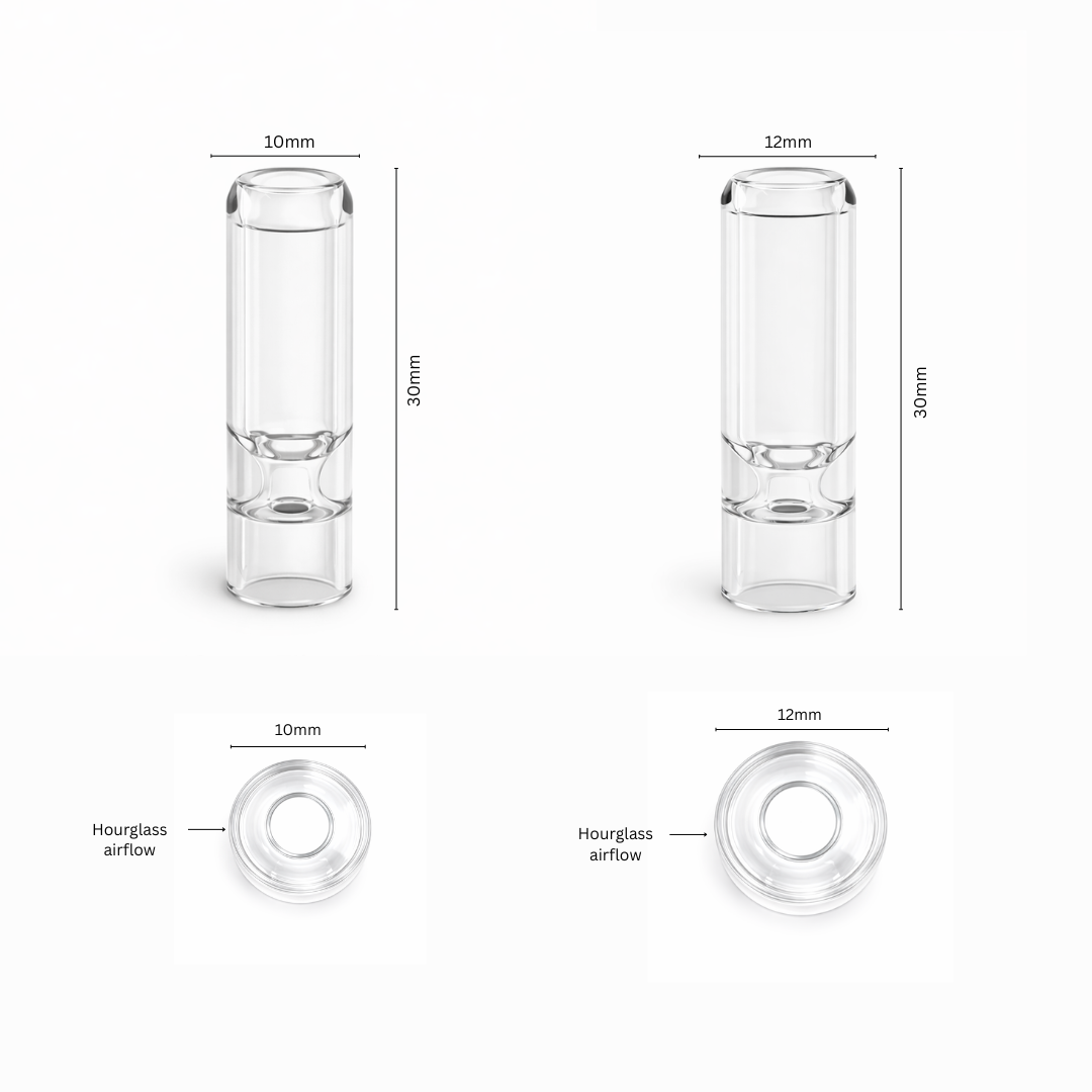 Technical diagram of clear Hourglass Bullet glass filter tips showing dimensions and internal hourglass airflow restrictor.
