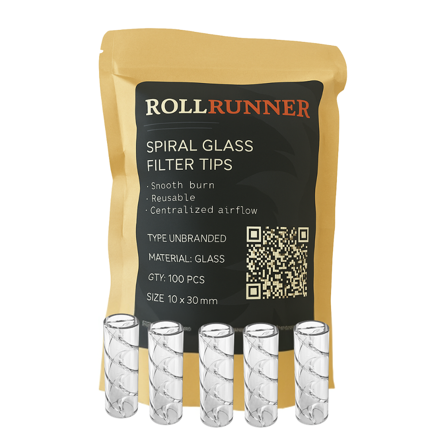 RollRunner Spiral clear glass filter tips, unbranded 100-pack with retail packaging.