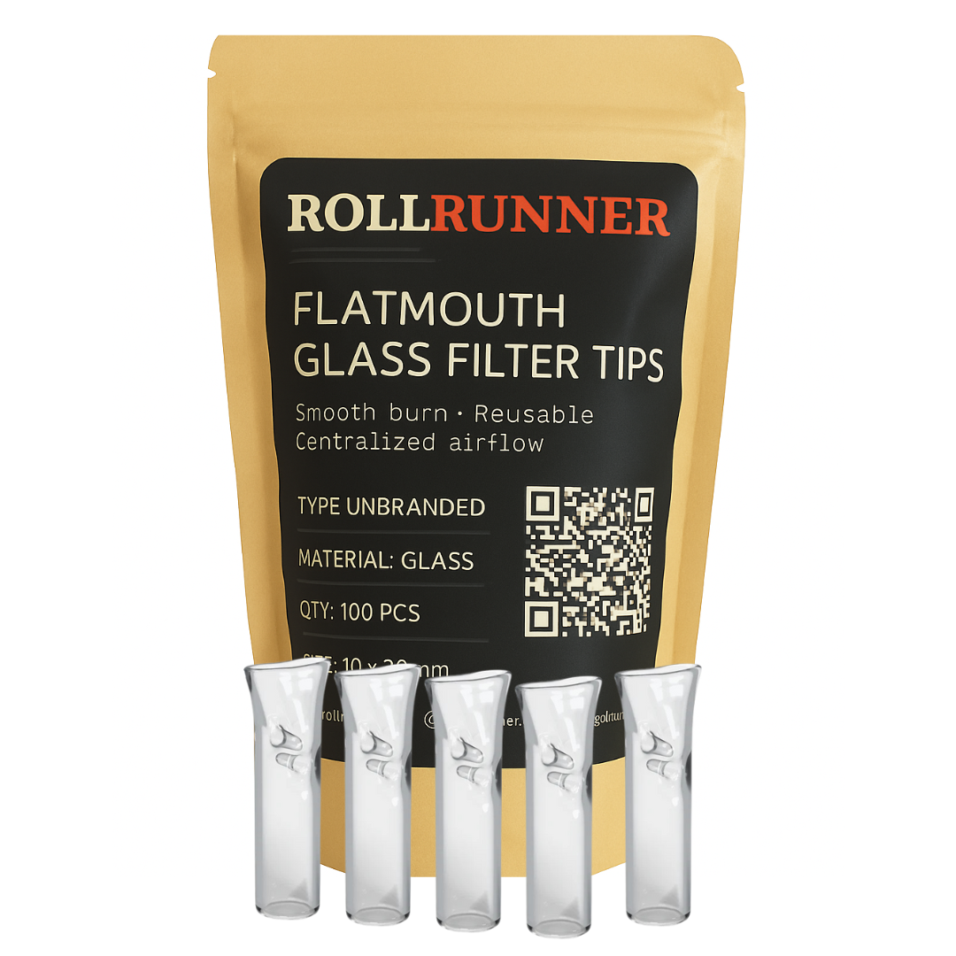 RollRunner Standard Flat Mouth clear glass filter tips, unbranded 100-pack with retail packaging.
