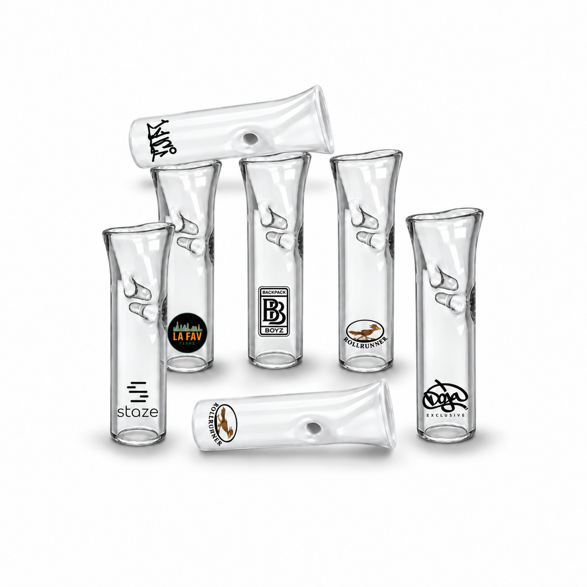 Clear Standard Flat Mouth glass filter tips featuring custom printed logos, flat mouthpieces, and a 2-pinch airflow design.