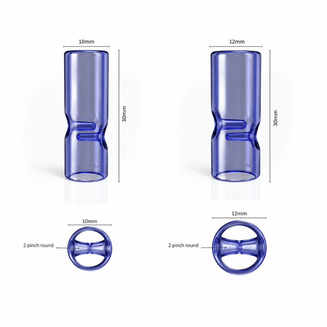 Technical diagram of blue Standard Round glass filter tips showing dimensions and internal 2-pinch airflow design.