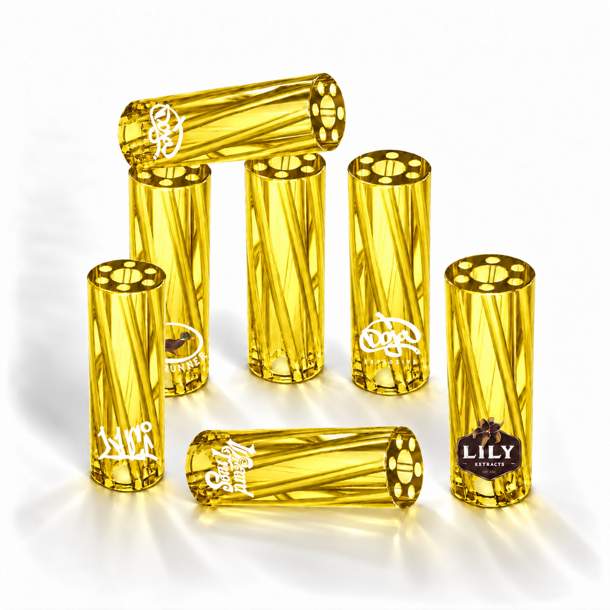 Single yellow Vortex borosilicate glass filter tip shown without a logo, ready for custom branding.